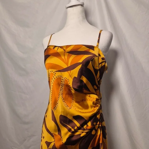 House of Harlow 1960 Ruched Side Satin Slip Coastal Maxi Dress Foliage Print M - Picture 5 of 14